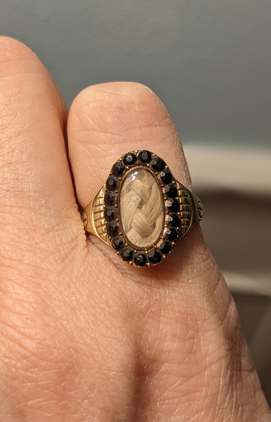 10Kt Garnet Halo Mourning Ring with hair