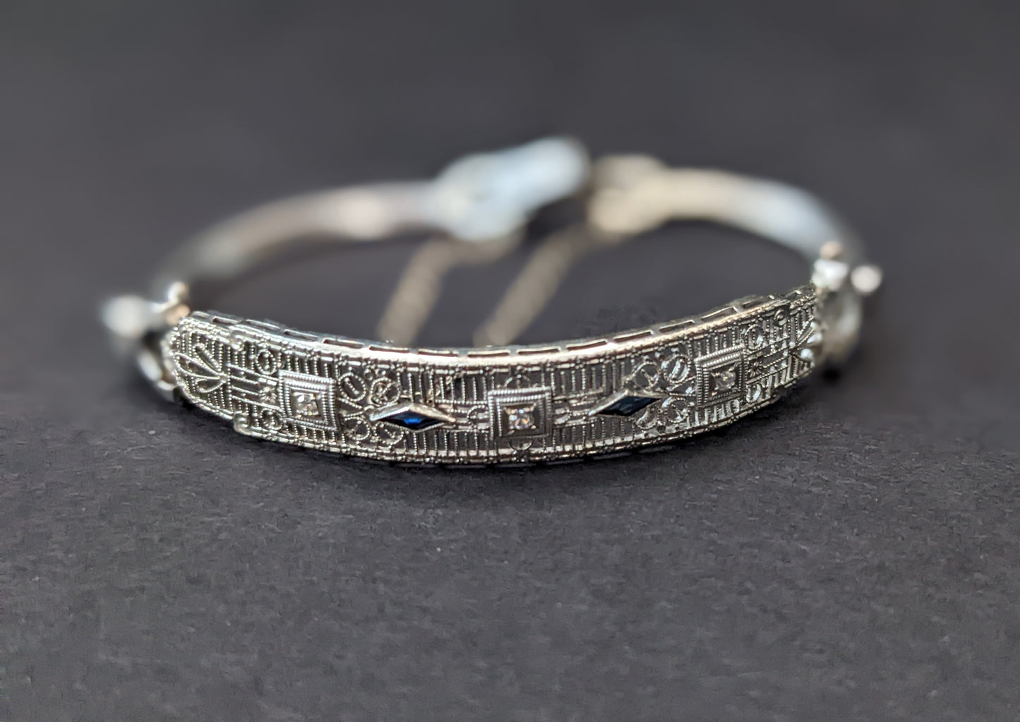 14Kt Sapphire and Diamond Art Deco Bracelet with snake chain
