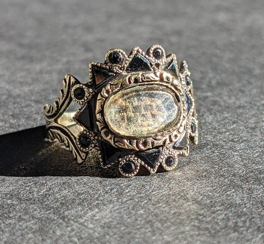 Onyx and crystal mourning ring with hair insert