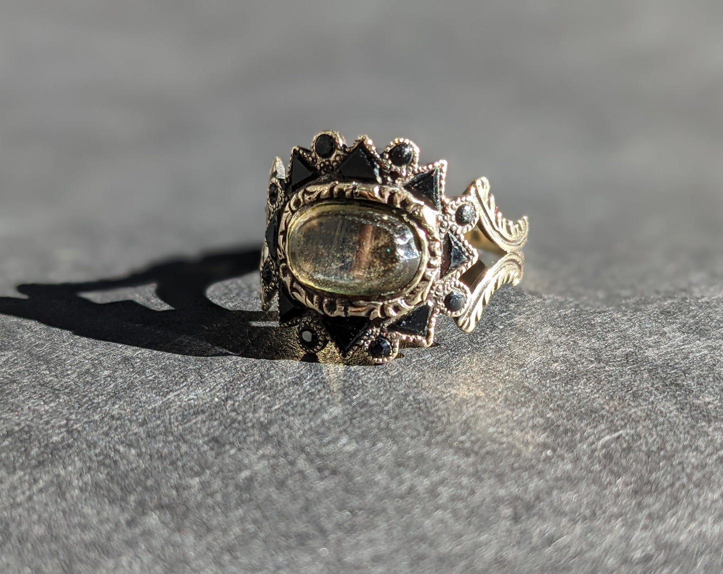Onyx and crystal mourning ring with hair insert