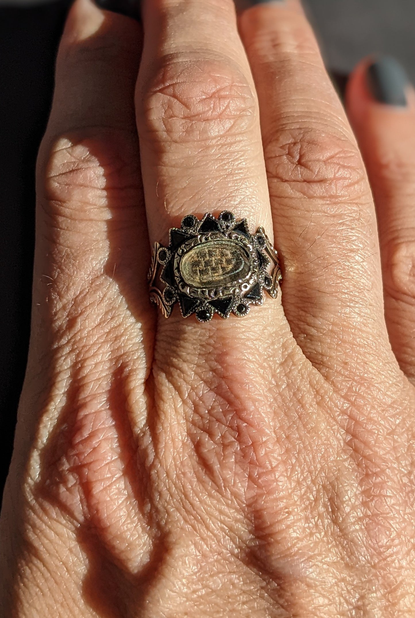 Onyx and crystal mourning ring with hair insert