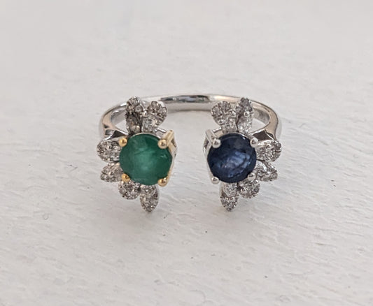 White gold sapphire, emerald and diamond ring