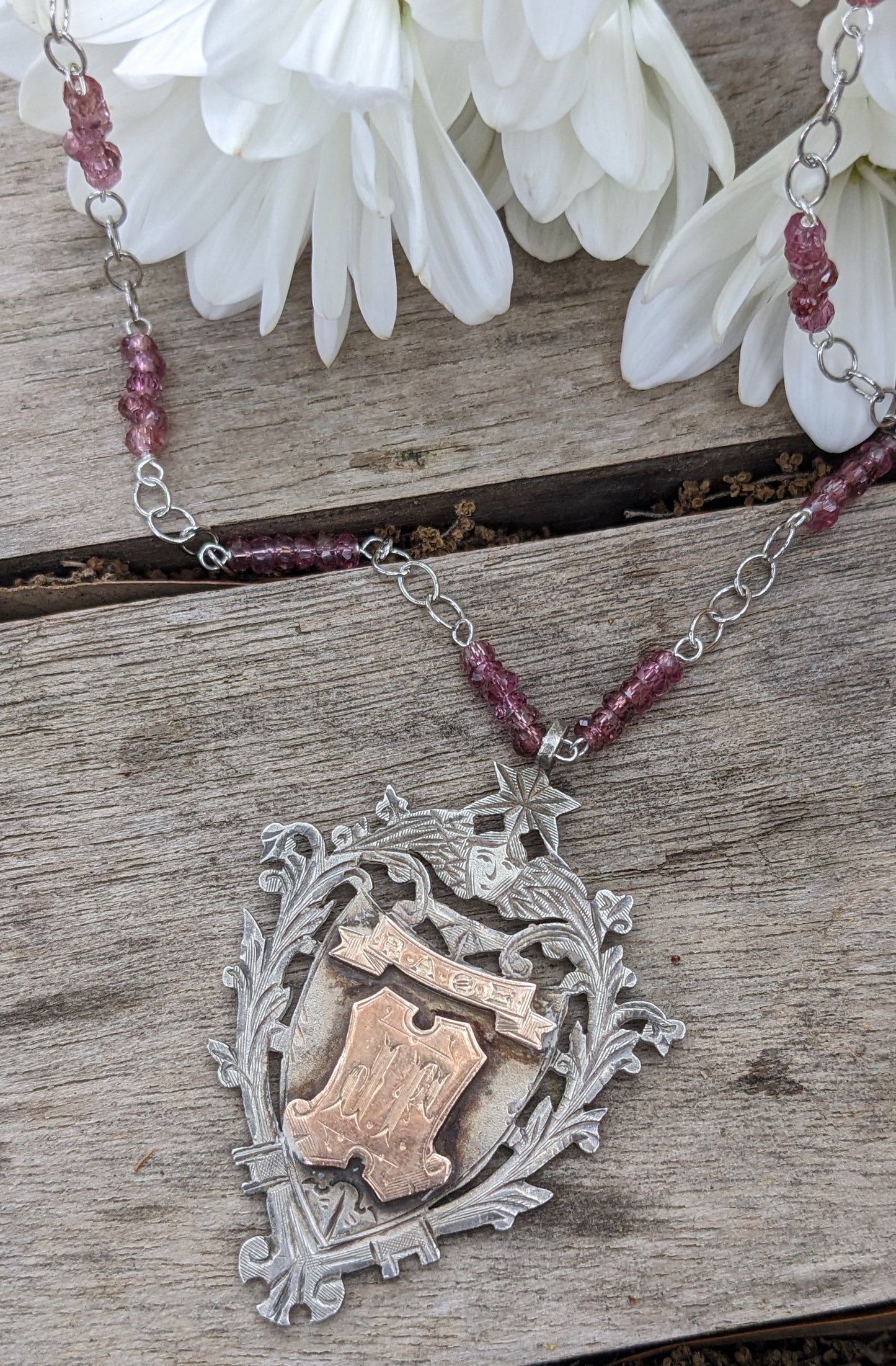 Sterling and Rose Gold Medal Pendant, Shield, with Pink tourmaline