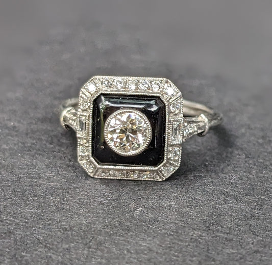 Platinum Onyx OEC Art Deco Large Diamond Square Ring