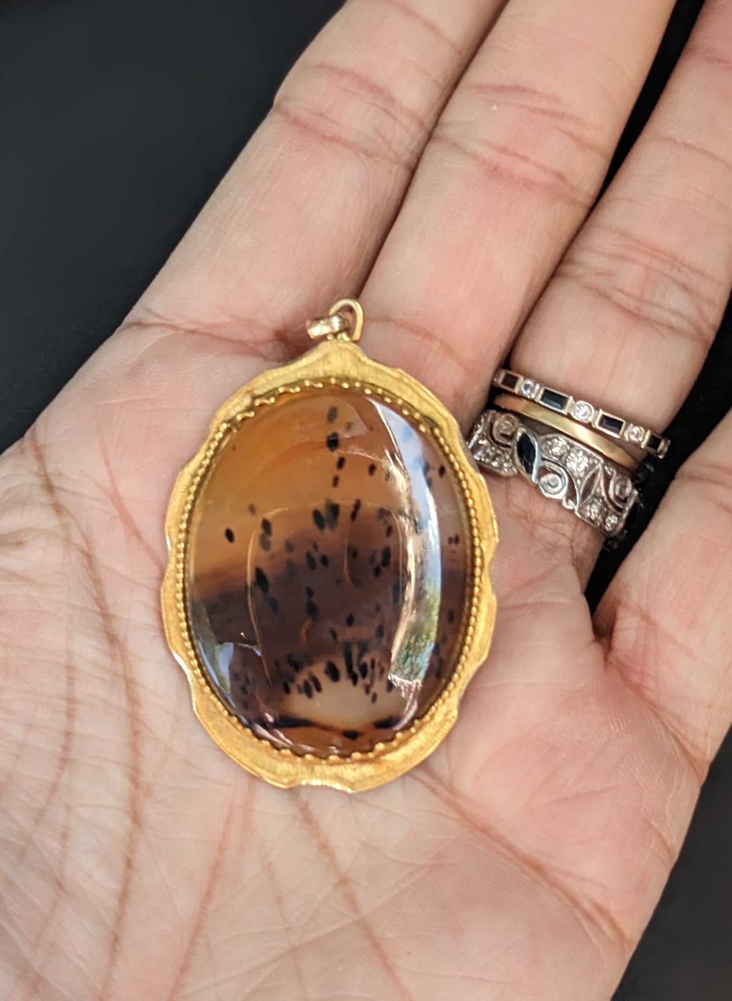 10Kt Agate Brooch and Pendant, banded with milgrained edge, Late 1800's with specks