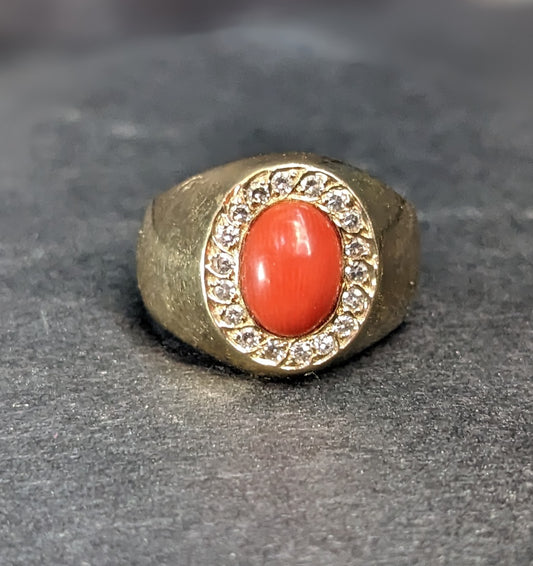 18Kt Coral with Diamond Surround Ring Pinky