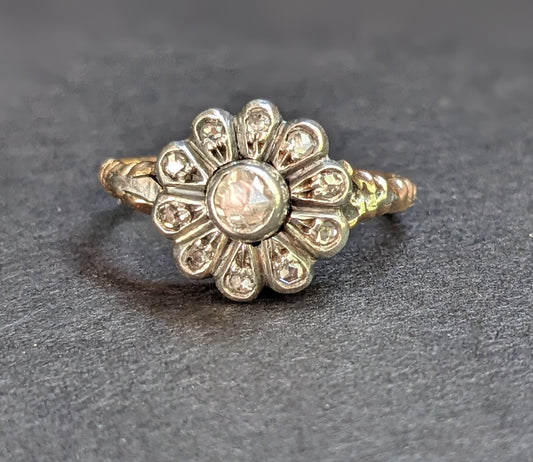 Georgian Silver and Gold Diamond Cluster ring with Center, Rosecut