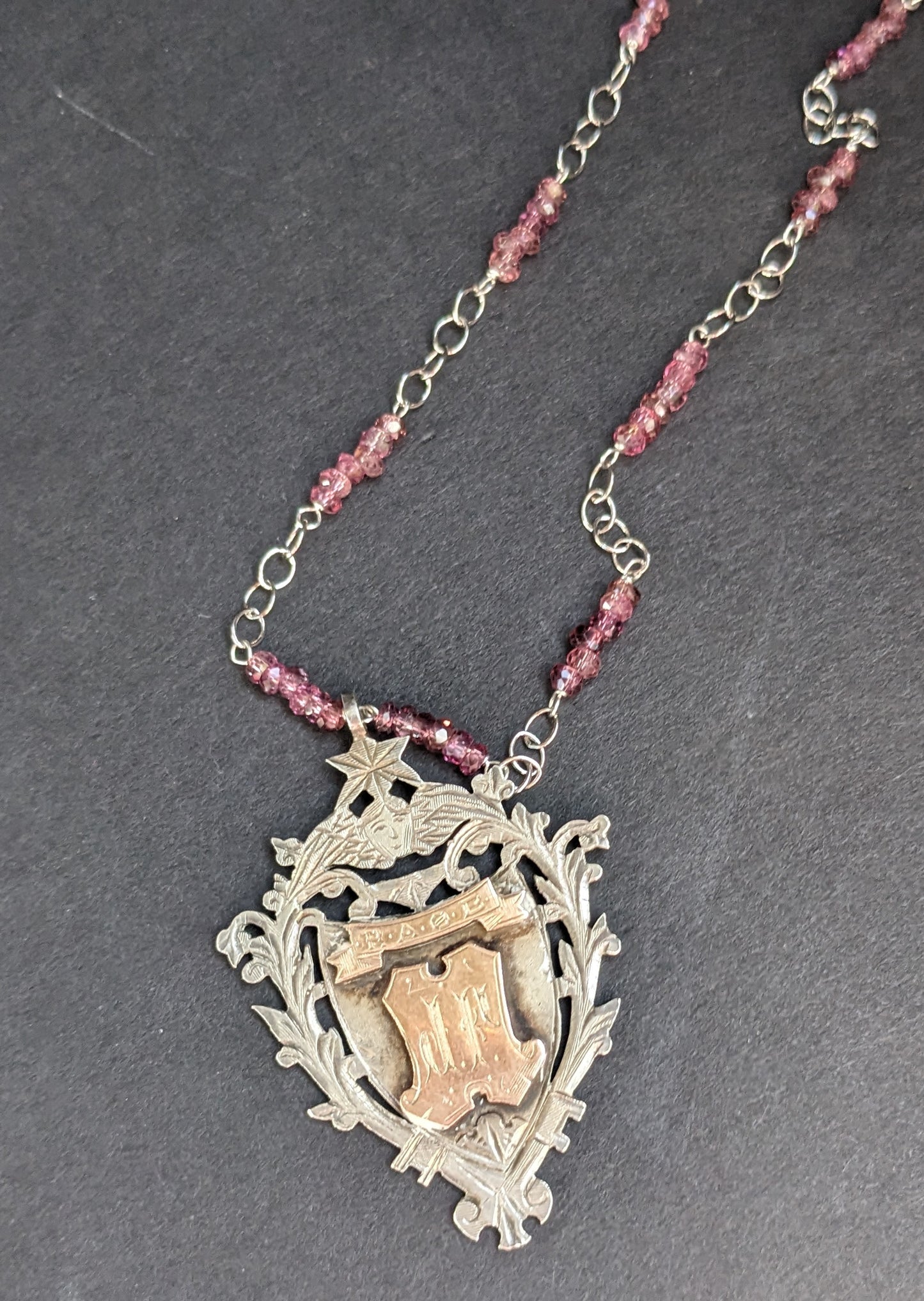 Sterling and Rose Gold Medal Pendant, Shield, with Pink tourmaline