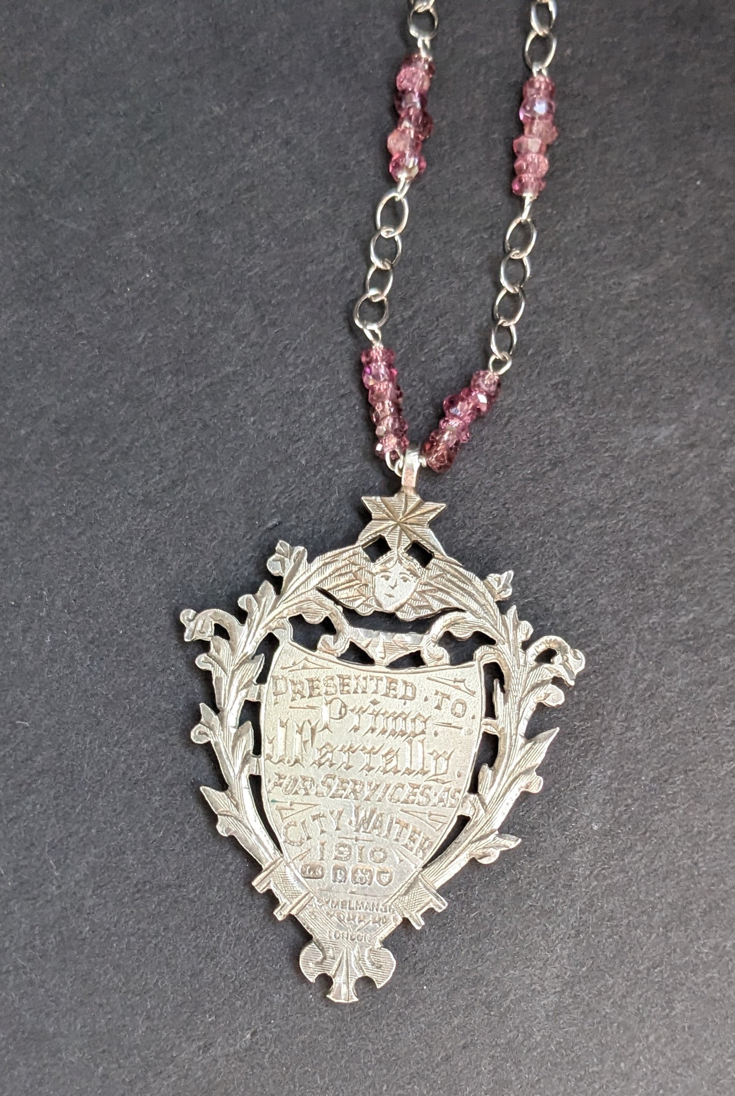 Sterling and Rose Gold Medal Pendant, Shield, with Pink tourmaline