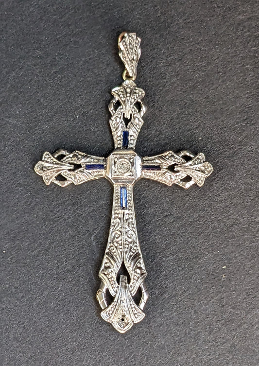 Platinum 18Kt and sapphire with diamonds cross, French