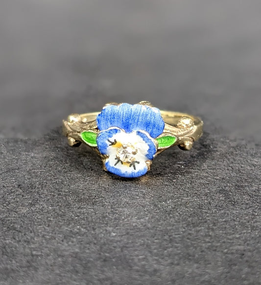 14Kt Pansy Enamel Ring with Diamond Center