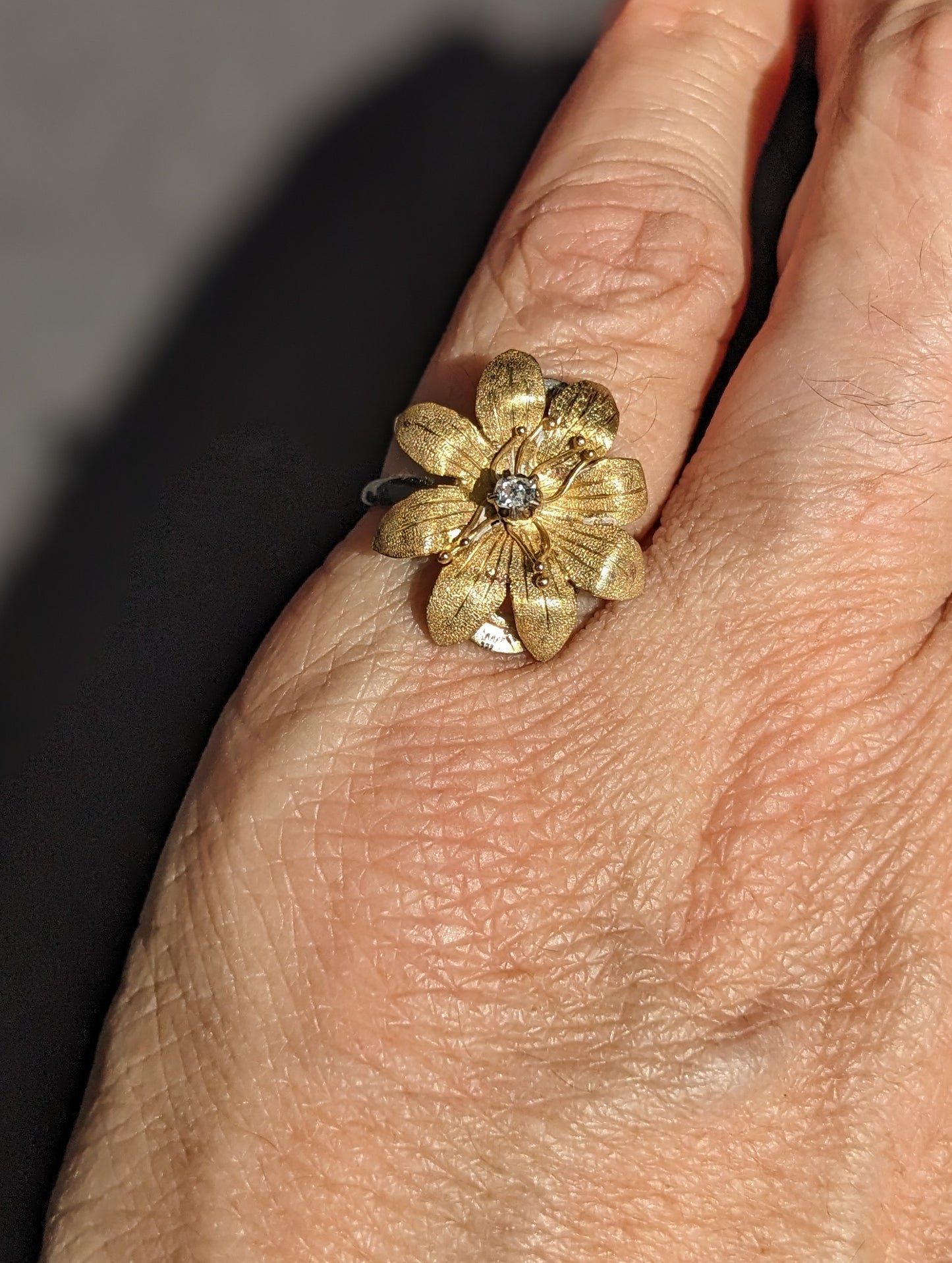 14 and 15Kt Flower Ring with Diamond Center