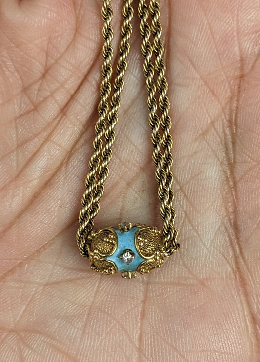 14K Rope Chain with Blue Enamel Diamond Slide