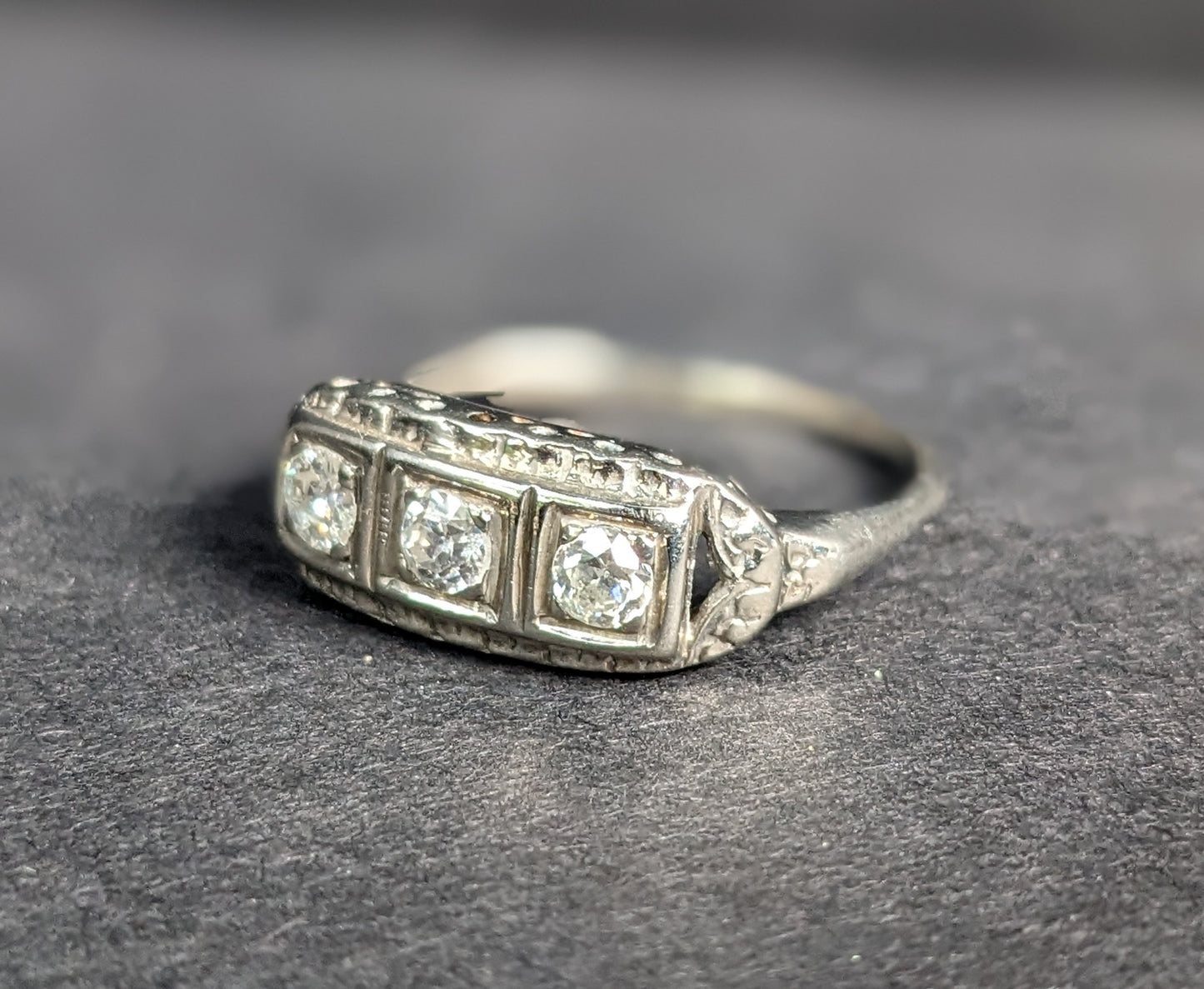 Three stone diamond filigree ring