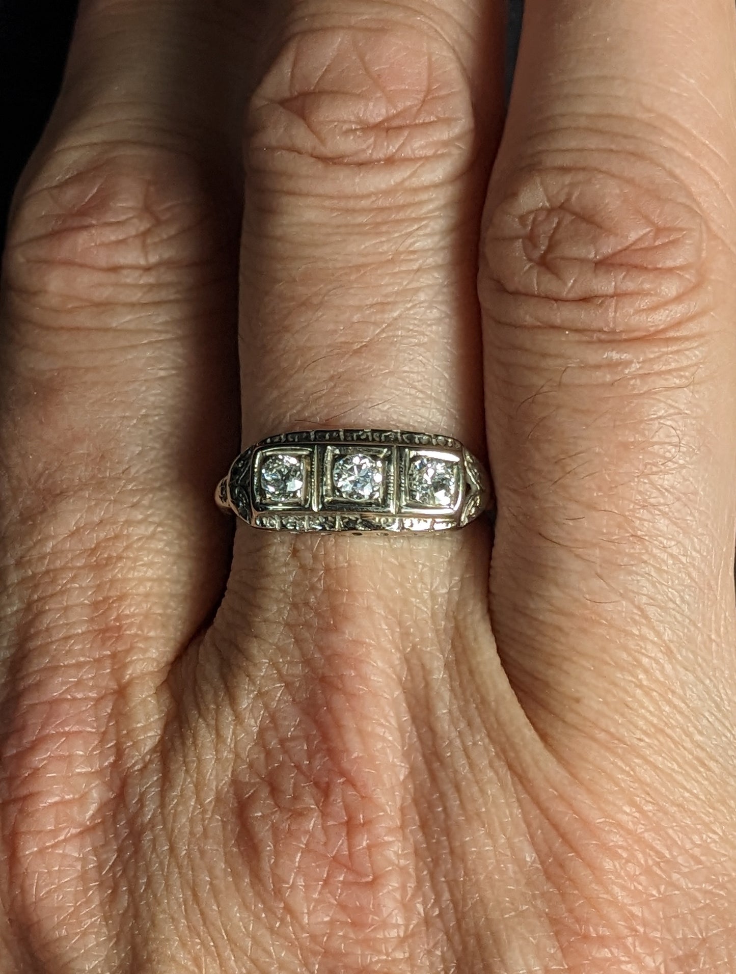 Three stone diamond filigree ring